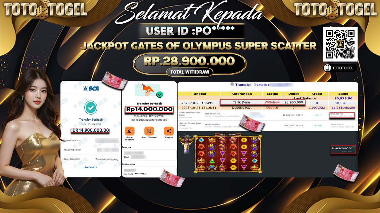 Bukti Pembayaran Jackpot Permainan Slot Gates Of Olympus Super Scatter ID:PO**** LUNAS