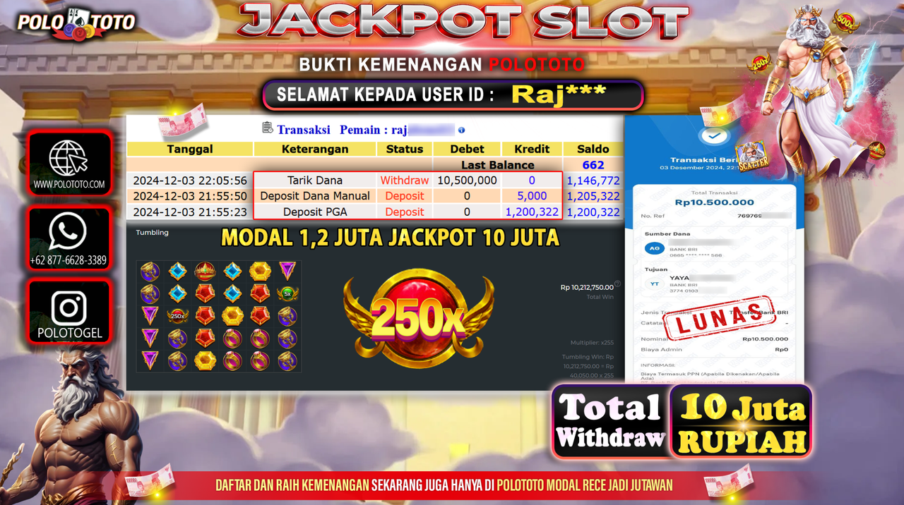 POLOTOTO JACKPOT SLOT GATES OF OLYMPUS Rp.10,500.000,-