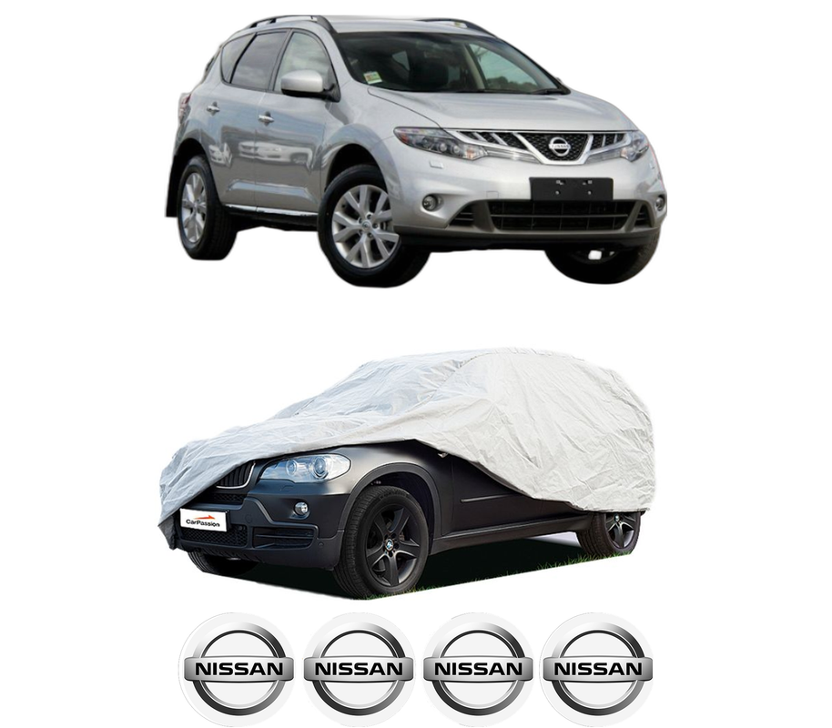 Husa tip prelata auto pentru NISSAN MURANO II VAN (Z51) din 2013-2014, Culoare Gri, material textil impermeabil, rezistanta la intemperii praf UV, CARPASSION Husa Protectie, 4 Stickere auto cu NISSAN