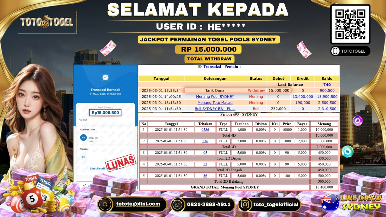 Bukti Pembayaran Jackpot  Permainan Togel Pools Sydney  ID:HE***** LUNAS