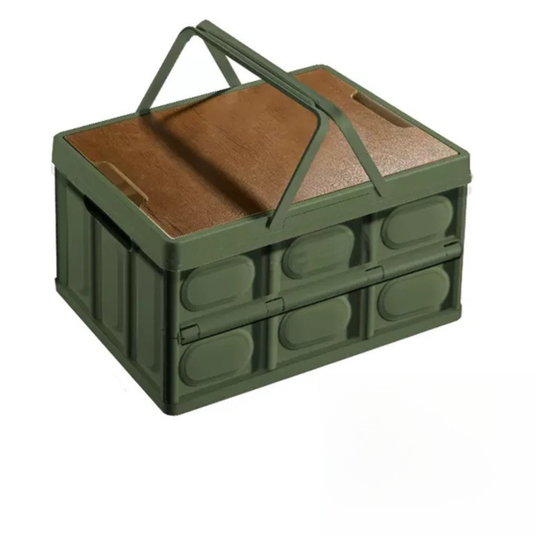 Green Collapsible Medium Handle Storage Box with Wooden Table Top(42x28x23CM) - Car Trunk Organiser for global Camping & Home Use