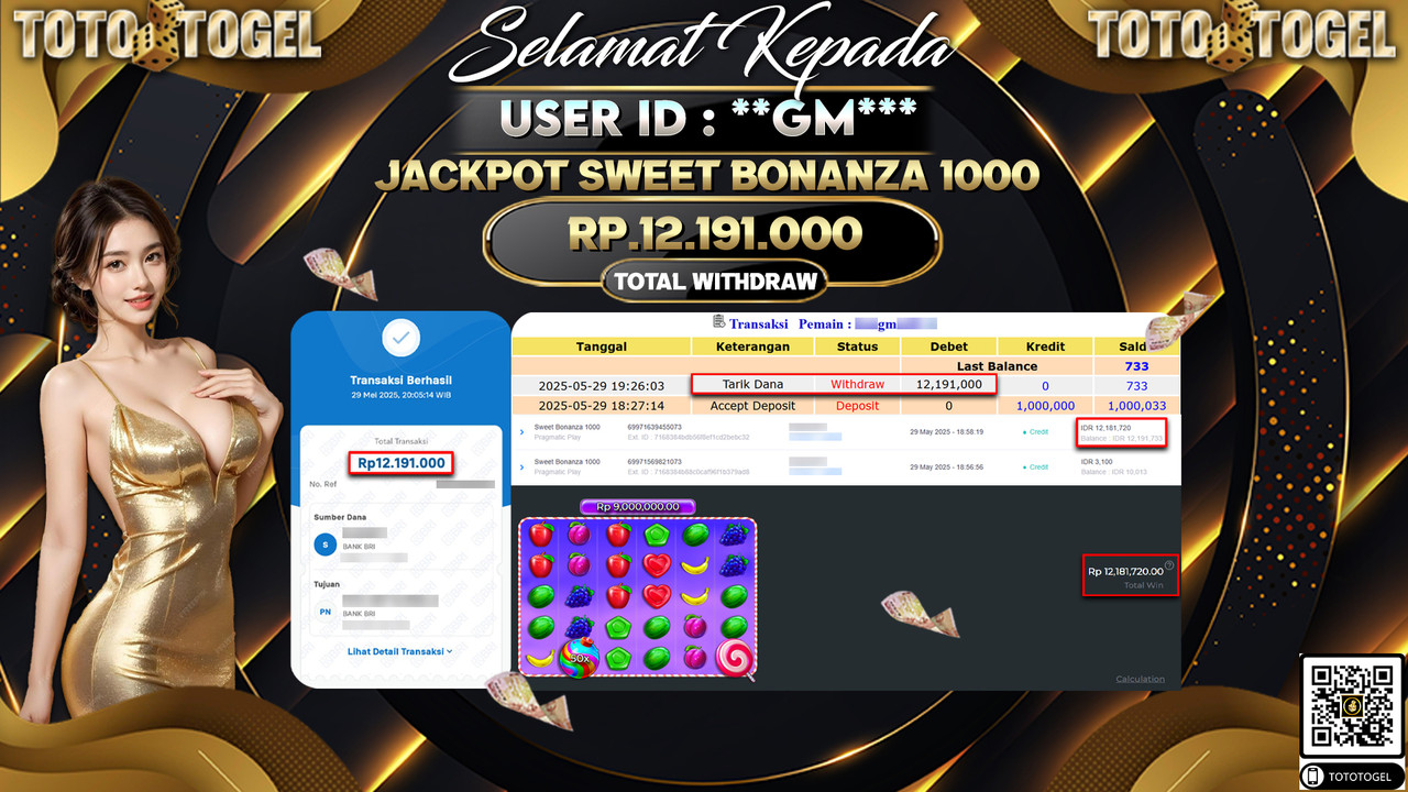 Bukti Pembayaran Jackpot Permainan Slot Sweet Bonanza 1000 ID:**GM*** LUNAS