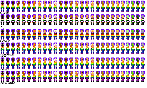 a row of people with pride flag shirts and dark purple hair