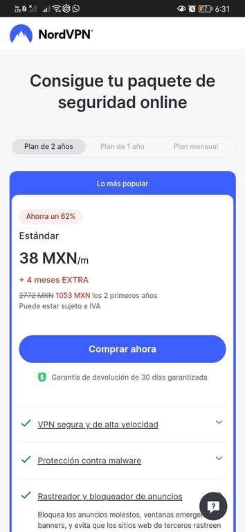 Nord VPN a 62% de descuento a plan de 2 años (38 pesos al mes) 
