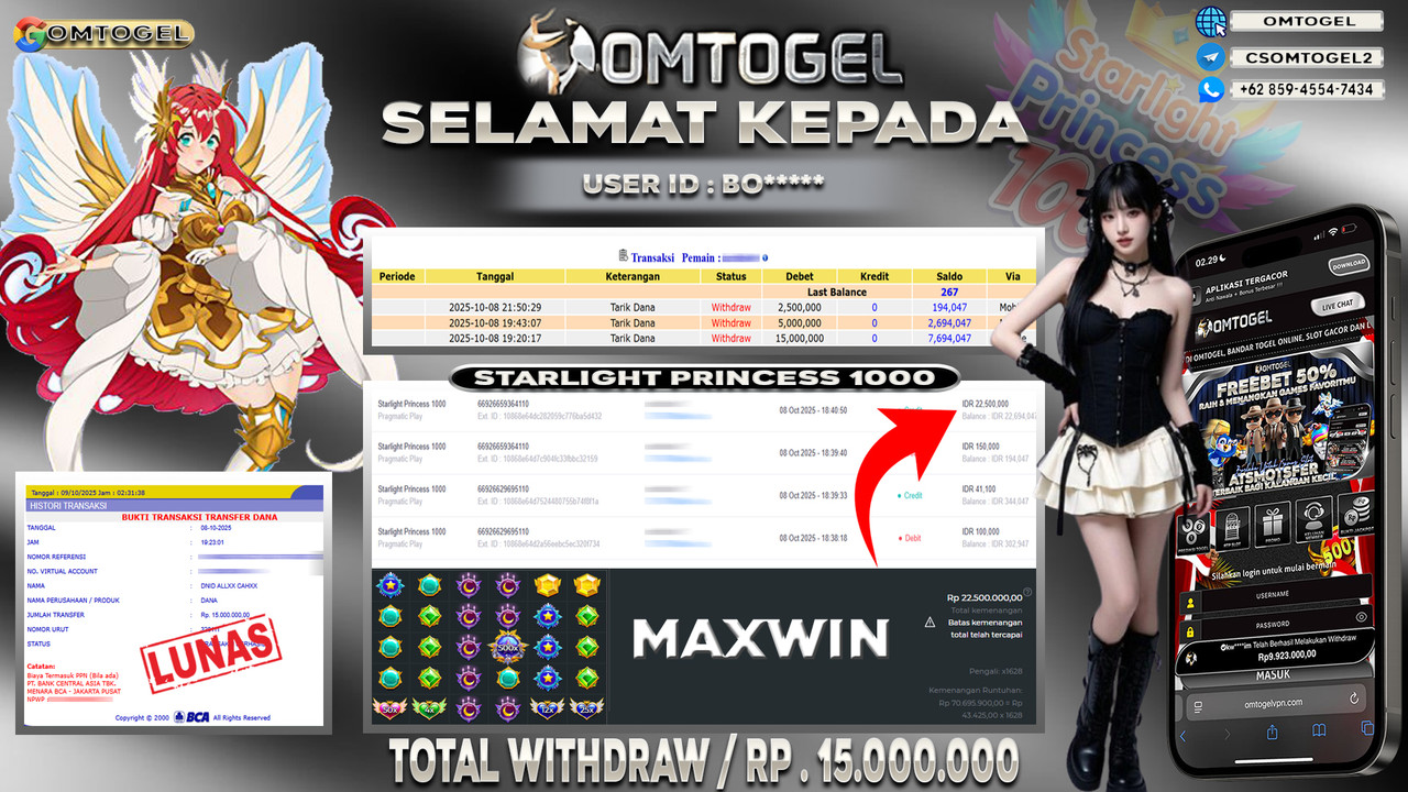 OMTOGEL JACKPOT PRAGMATIC PLAY STARLIGHT PRINCESS 1000 15 JUTA DI BAYAR LUNAS ,-