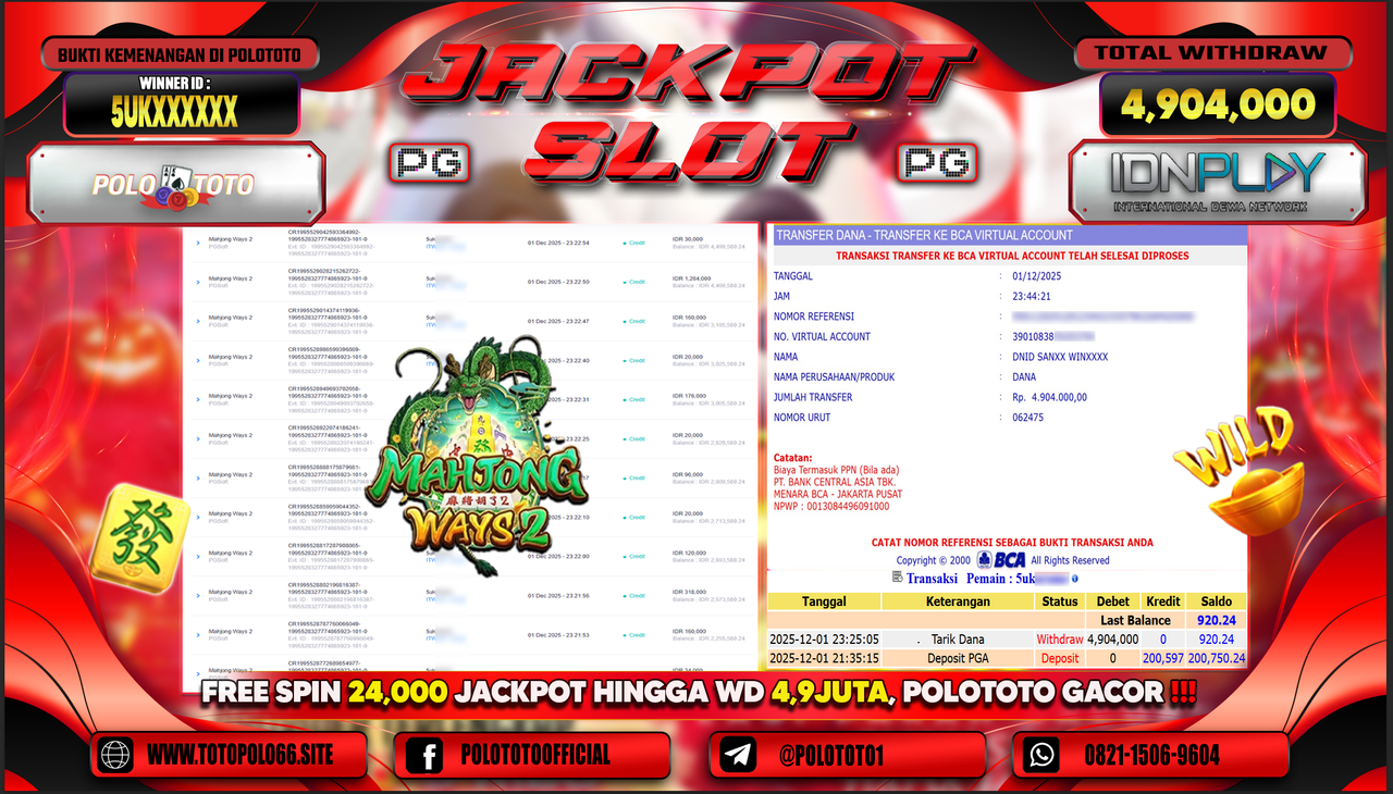 POLOTOTO JACKPOT SLOT MAHJONG WAYS 2 Rp.4.904.000,- LUNAS