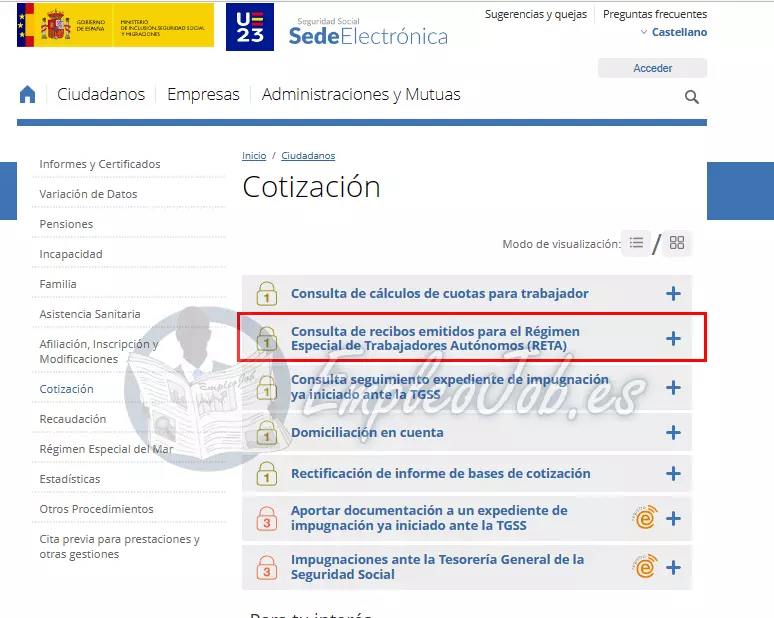 Consulta de recibos emitidos para el Régimen Especial de Trabajadores Autónomos (RETA)