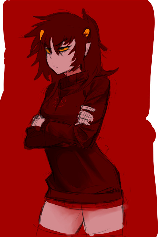 A sassy looking karkat in her usual sweater but oversized, with a red miniskirt. She also sports long hair and has her arms crossed.