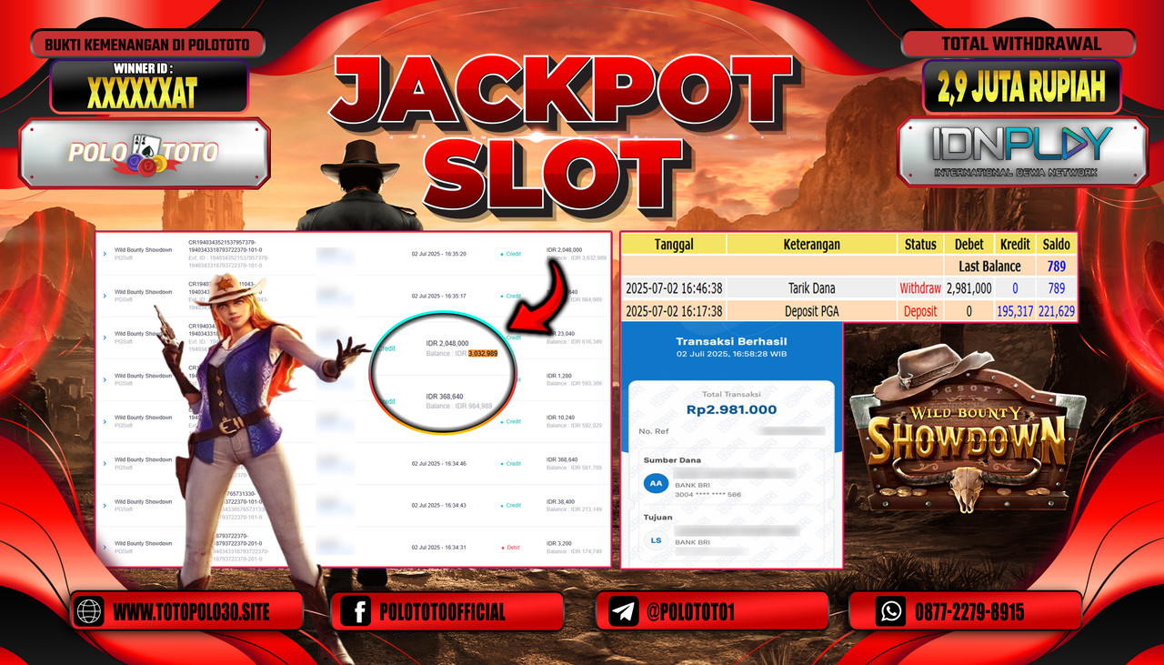POLOTOTO JACKPOT SLOT WILD BOUNTY SHOWDOWN Rp.2.900.000,- LUNAS