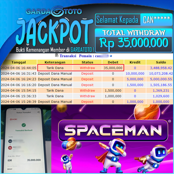 JACKPOT MAIN DI SPACEMAN PRAGMATIC PLAY  WD Rp 35.000.000,- DIBAYAR LUNAS GARDATOTO MANTAP !