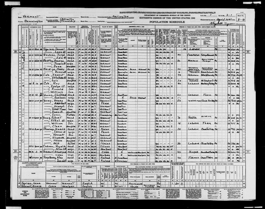 1940 U.S. Census - Vermont, Arlington, SD 1, ED 2-1 (William I. Young & parents) 1