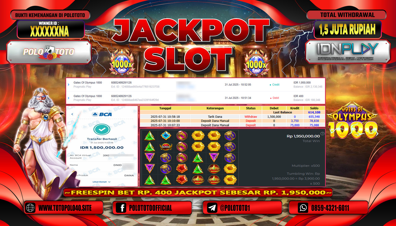 POLOTOTO JACKPOT SLOT GATES OF OLYMPUS 1000 Rp.1.500.000,-LUNAS