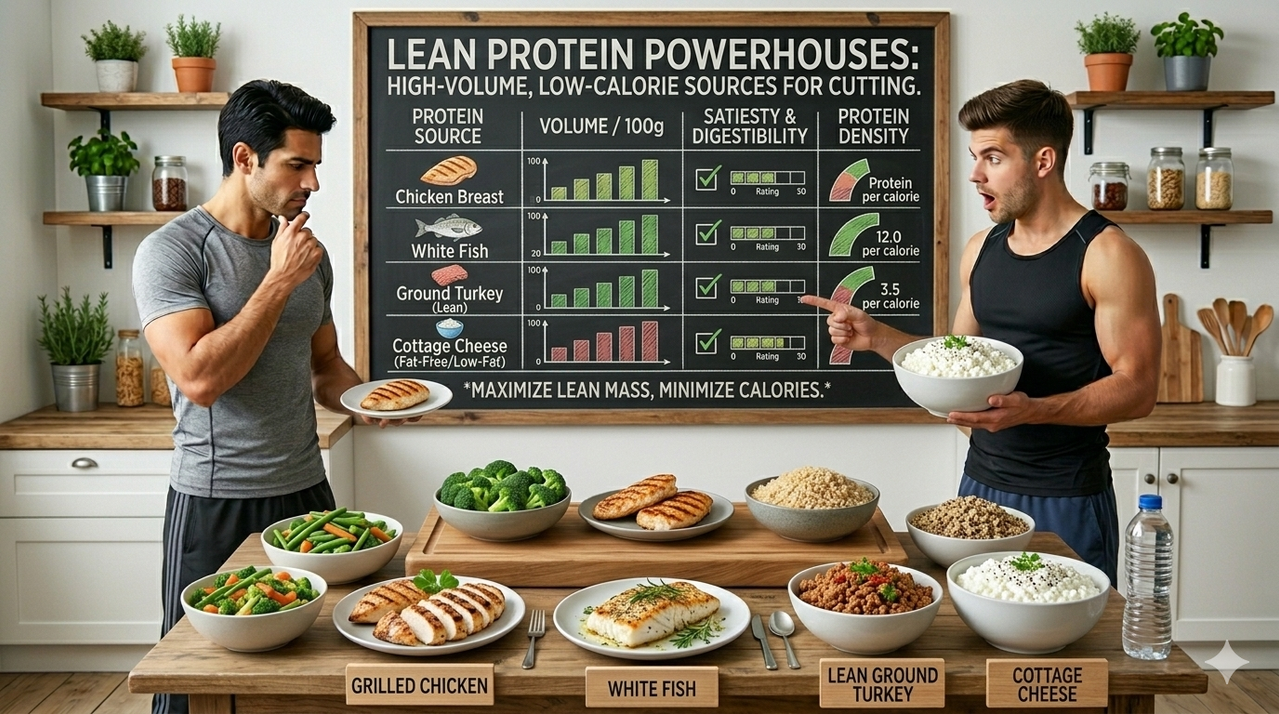 Lean protein sources including chicken breast, white fish, turkey, and cottage cheese for best high-volume low-calorie foods for cutting