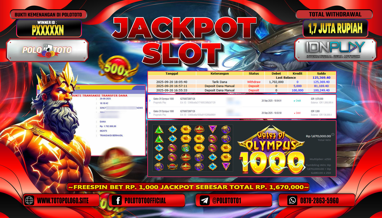 POLOTOTO JACKPOT SLOT GATES OF OLYMPUS 1000 Rp.1.700.000,- LUNAS