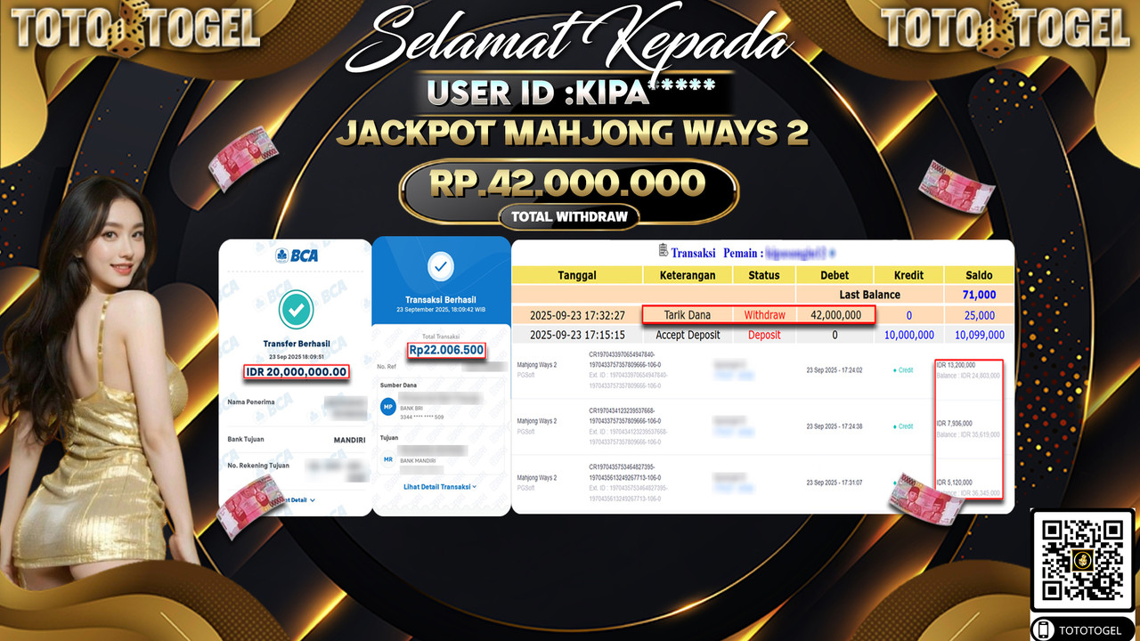 Bukti Pembayaran Jackpot Permainan Slot Mahjong Ways 2 ID:KIPA*** LUNAS