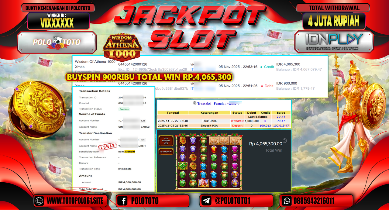 POLOTOTO JACKPOT SLOT WIEDOM OF ATHENA 1000 XMAS Rp.4.000.000,- LUNAS