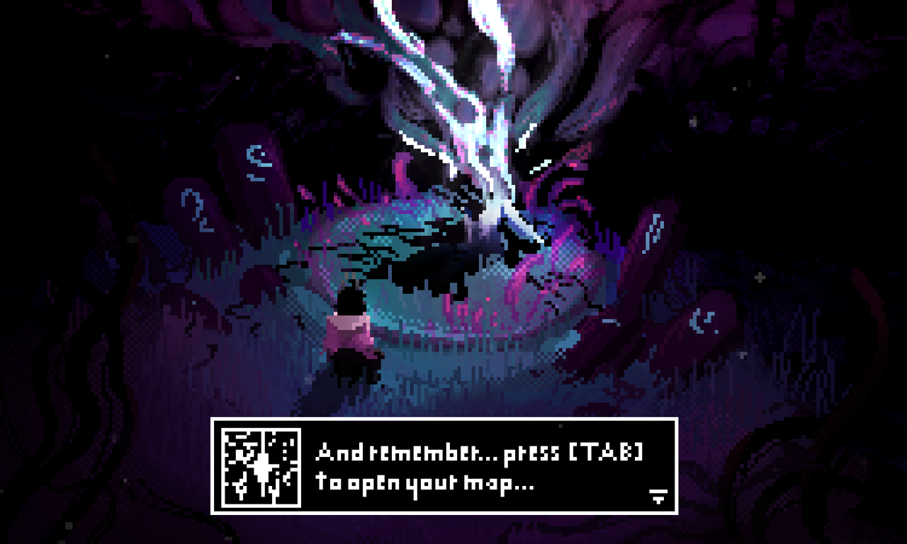 A robot, Blink, with a brown cloak on. Their arm is outstretched, and they seem to be between standing and kneeling. A black, tar-like substance seems to be emanating from the outstretched arm.
