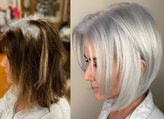 White silver color blended with natural white hair roots in layered bob haircut