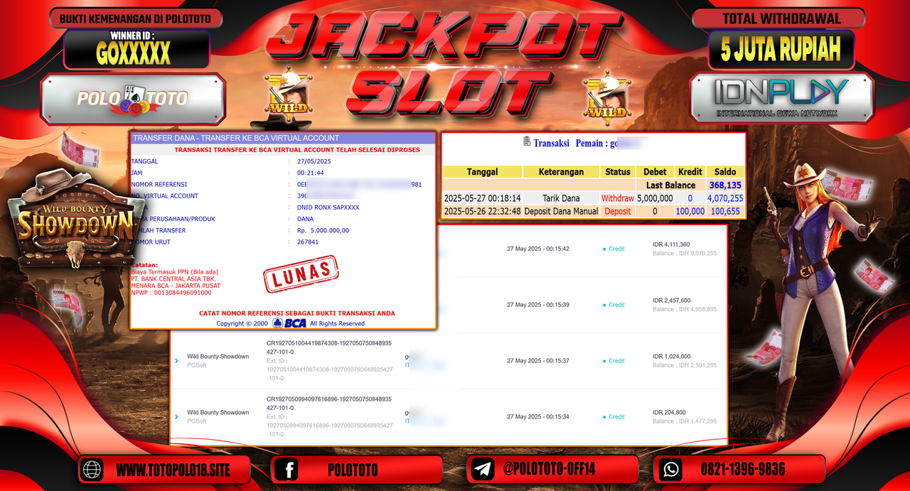 POLOTOTO JACKPOT SLOT WILD BOUNTY SHOWDOWN Rp.5.000.000,-