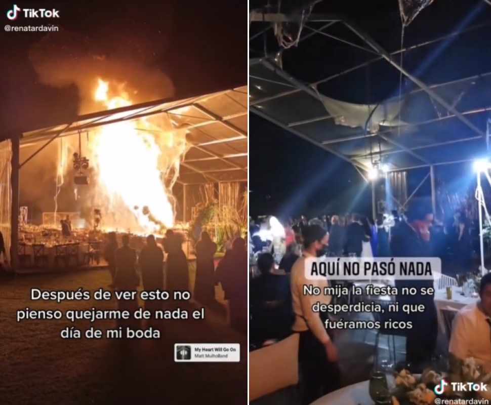 Local de boda se incendió y los asistentes continúan como si nada pasó