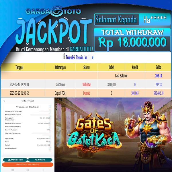 JACKPOT DI PERMAINAN  SLOT PRAGMATIC PLAY GATES OF GATOT KACA WD Rp 18,000,000 DIBAYAR LUNAS GARDATOTO MANTAP !