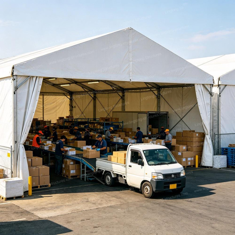 Lingtong wide-span industrial tent equipped with electric roller shutter door and heavy-duty 850g PVC fabric, ideal for manufacturing workshop and truck loading access