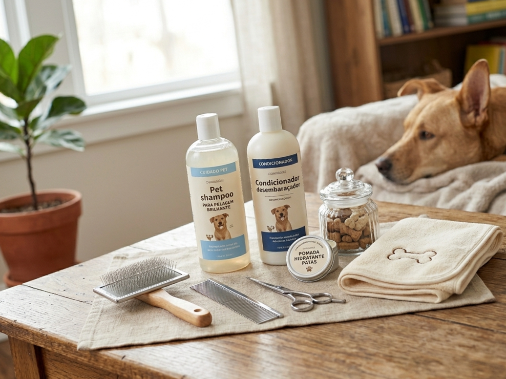 Kit de cuidados para pelagem de cachorro com escova, shampoo e toalha