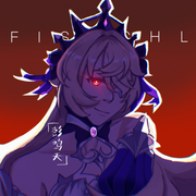 digital art of a bust of Fischl from Genshin Impact. She is lit only from the back as well as her visible eye glowing, with text in the background reading: FISCHL.