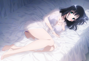 1girl, {{touyoko momoko (saki)}}, black hair, green eyes, see-through, white dre s-3641509732