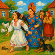 A vicious old woman (Russia) yanks the hair of a young girl (Ukraine).