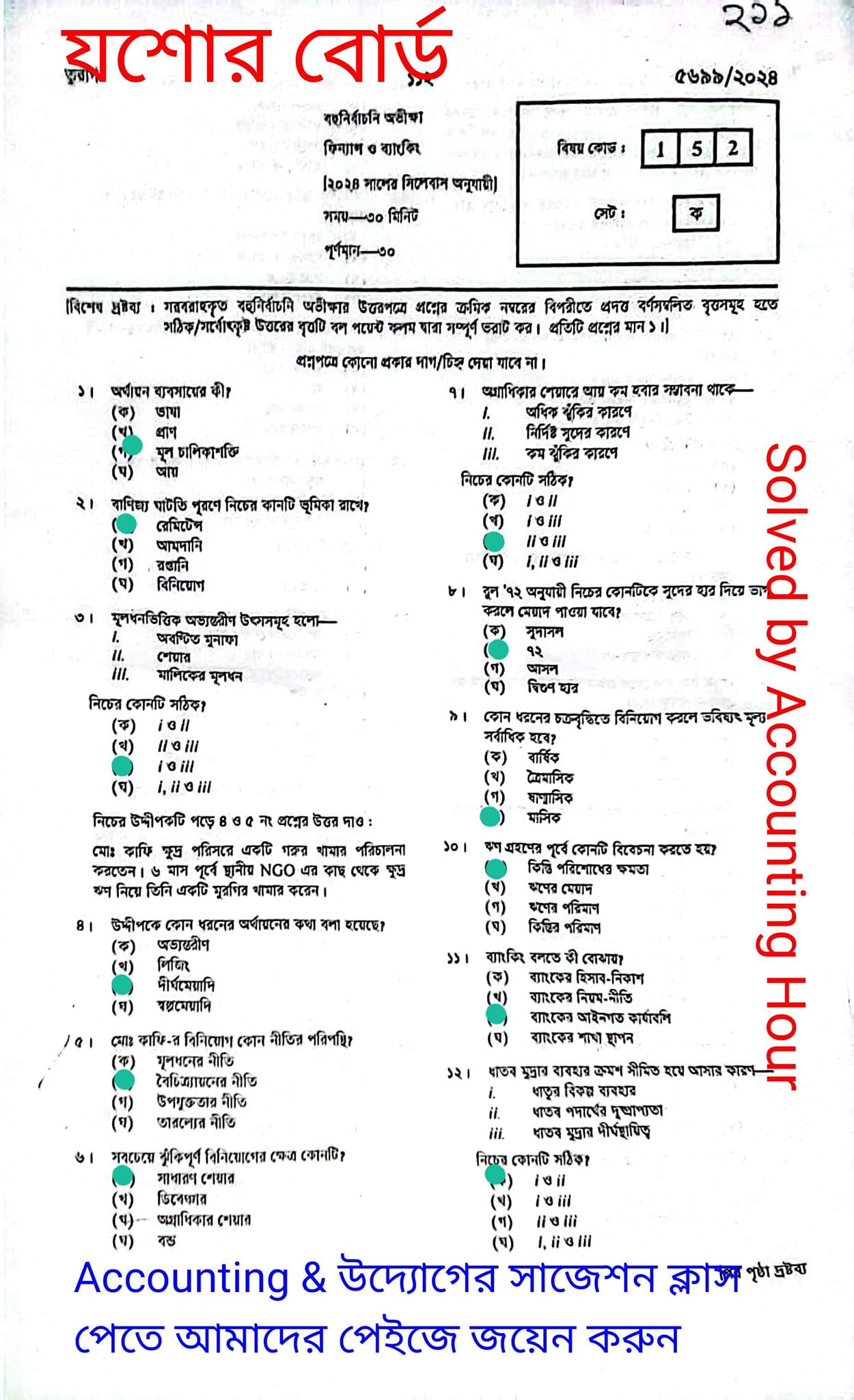 যশোর বোর্ড এসএসসি ফিন্যান্স ও ব্যাংকিং MCQ প্রশ্ন সমাধান ২০২৪