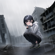 Best quality, masterpiece, small breasts, dramatic angle, wet clothes, gray hood s-697151256