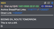 SCREENSHOT OF Q POST >>11202027 10-21-20 BOOMS EN_ROUTE TOMORROW. This is not a drill