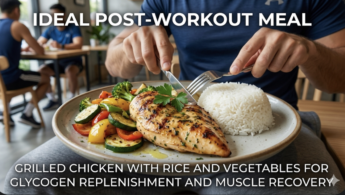 Grilled chicken breast with rice and vegetables on plate ideal post-workout meal for glycogen replenishment and muscle recovery