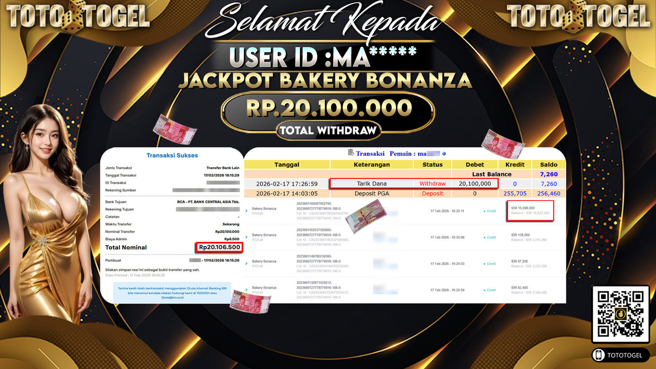Bukti Pembayaran Jackpot Permainan Slot Bakery Bonanza ID:MA*****LUNAS