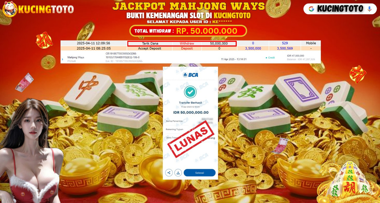KUCINGTOTO JACKPOT SLOT MAHJONG WAYS RP.50.000.000.,- LUNAS