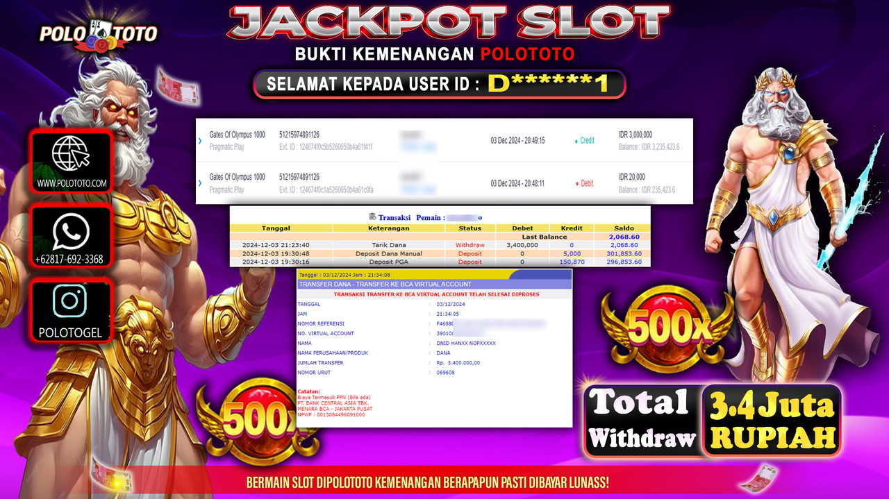 POLOTOTO JACKPOT SLOT GATES OF OLYMPUS 1000 Rp.3,400.000,-