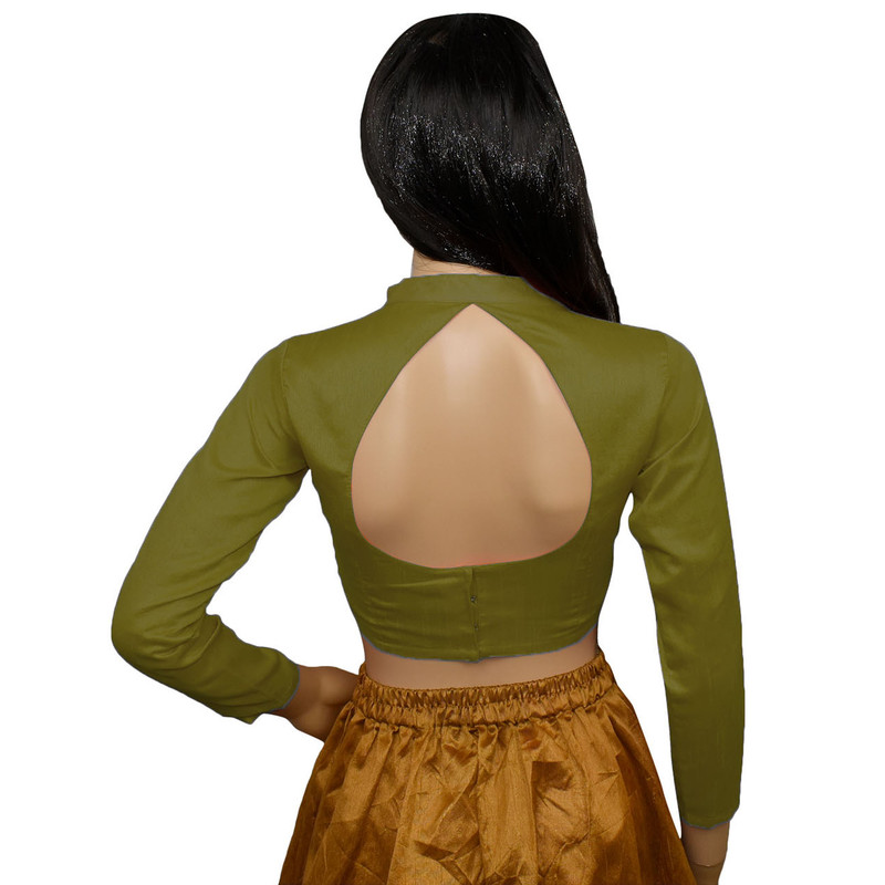 Women's Designer Sari Blouse Dupion Silk Collor Neck Long Sleeve Crop Top Choli - Picture 33 of 82