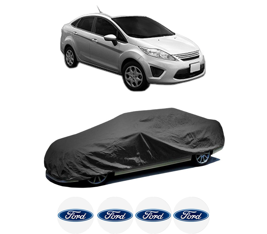 Husa tip prelata auto pentru FORD FIESTA Saloon din 2002-2017, Culoare Negru, material textil impermeabil, rezistanta la intemperii praf UV, CARPASSION Husa Protectie, 4 Stickere auto cu FORD