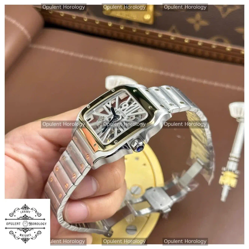 Cartier Santos Skeleton Replica Watch | 39.8mm Two-Tone Yellow Gold Bezel Metal Bracelet