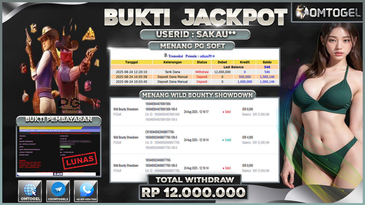 OMTOGEL JACKPOT PGSOFT WILD BOUNTY SHOWDOWN 12 JUTA DI BAYAR LUNAS ,-