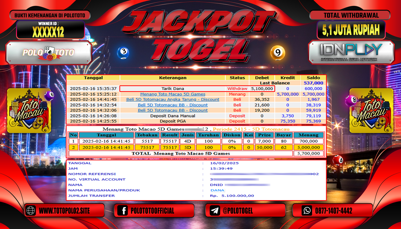 POLOTOTO JACKPOT TOGEL TOTO MACAU 5D Rp.5.100.000,-