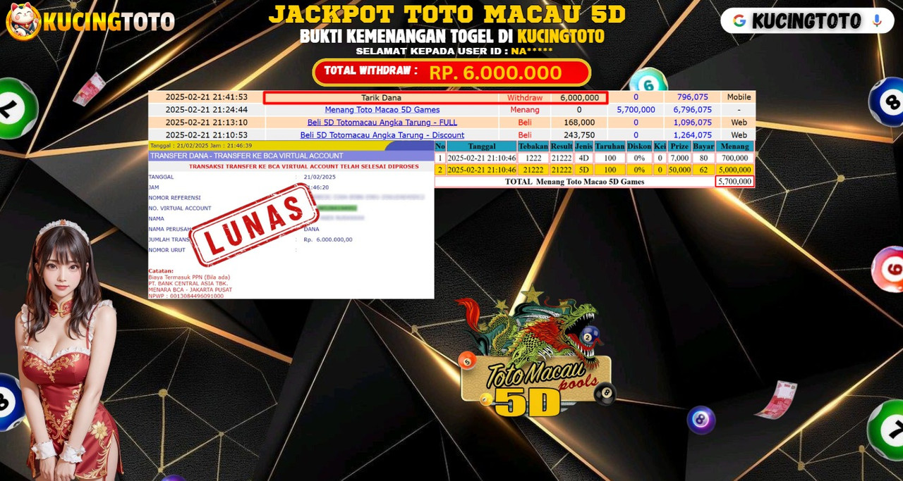 KUCINGTOTO JACKPOT TOGEL TOTO MACAU 5D RP.6.000.000.,- LUNAS