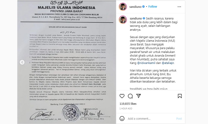 Ajakan Sandiaga Uno melakukan shalat gaib untuk Eril sesuai dengan apa yang dianjurkan oleh Majelis Ulama Indonesia (MUI) Jawa Barat.