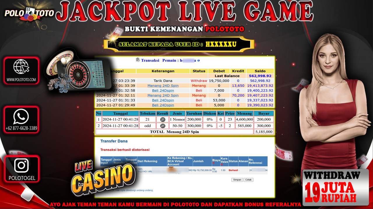 POLOTOTO JACKPOT LIVE GAME  CASINO Rp.19,00.000,-