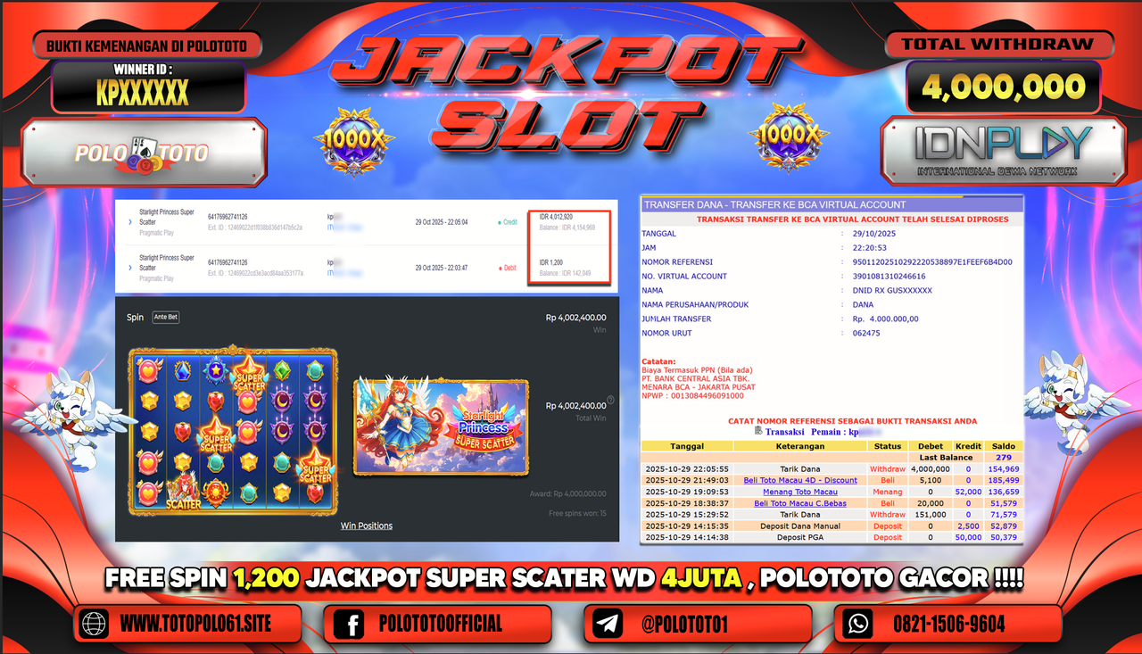 POLOTOTO JACKPOT SLOT STARLIGHT PRINCESS SUPER SCATTER Rp.4.000.000,- LUNAS