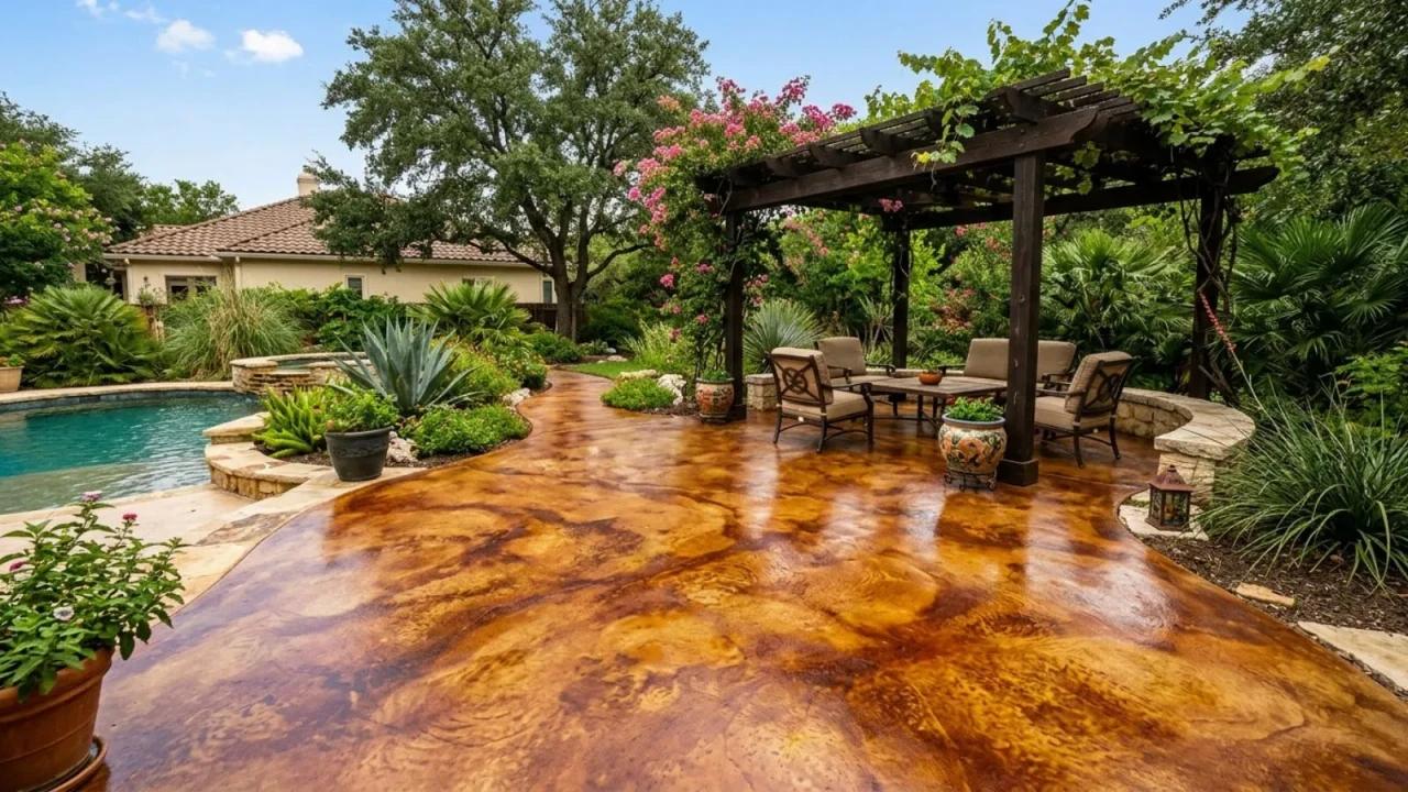 Acid stained concrete patio in San Antonio backyard showing rich amber and terracotta tones