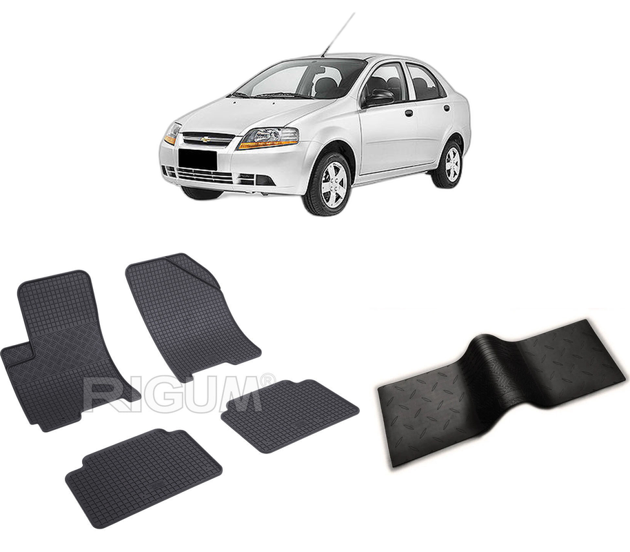 Set covorase auto CHEVROLET AVEO T200 din 2002-2005, cu covoras tunel median, CAROSERIE SEDAN, Presuri cauciuc 100%, compatibil cu autoturismul CHEVROLET AVEO T200, Rigum