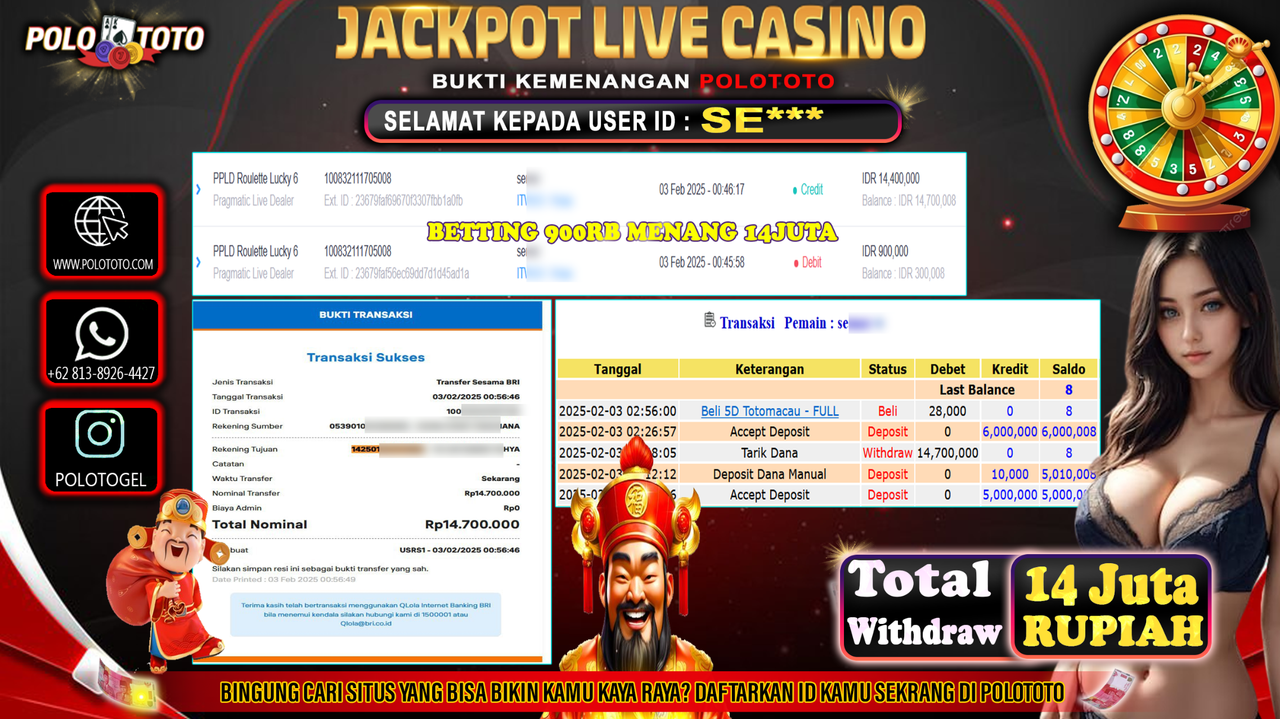 POLOTOTO JACKPOT LIVE CASINO PPLD ROULETTE LUCKY 6 Rp.14,700.000,-