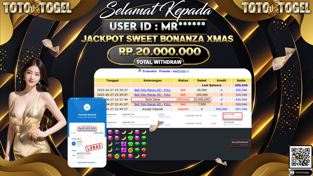 Bukti Pembayaran Jackpot  Permainan Slot Sweet Bonanza Xmas ID:MR***** LUNAS